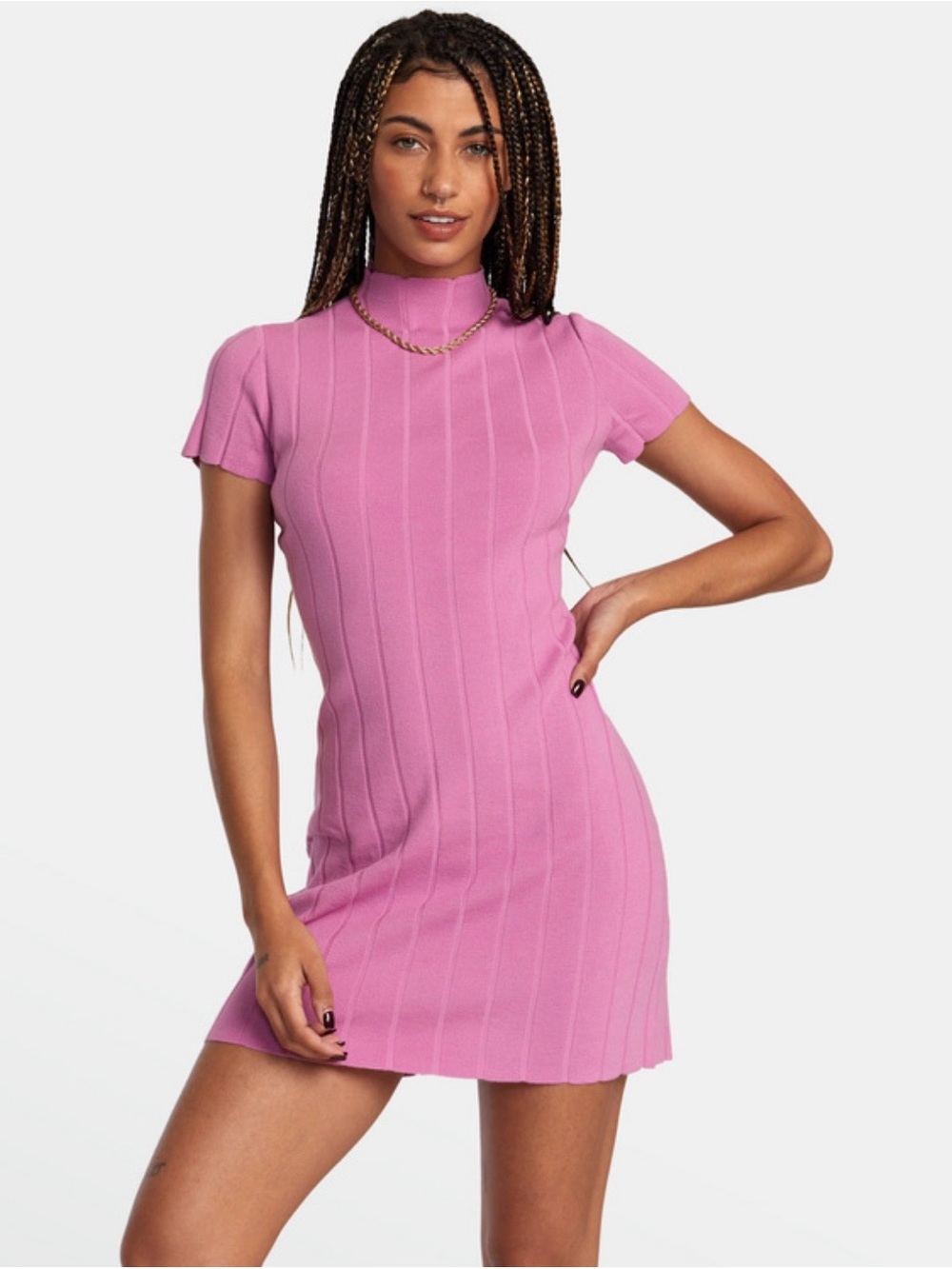 RVCA Meta Pink Ribbed Jones Mock Neck Cap Sleeve Mini Dress Size Medium